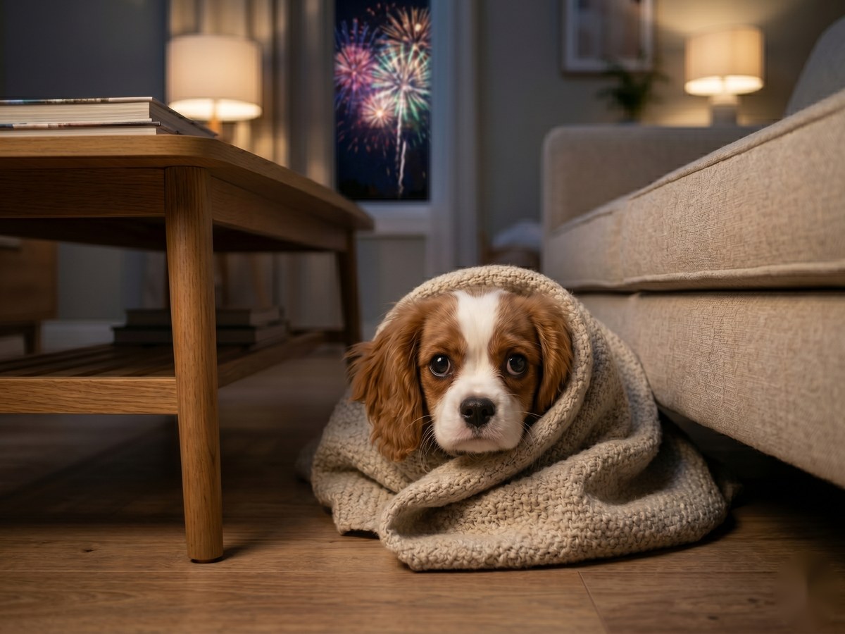 Cachorro assustado se escondendo durante fogos de artifício