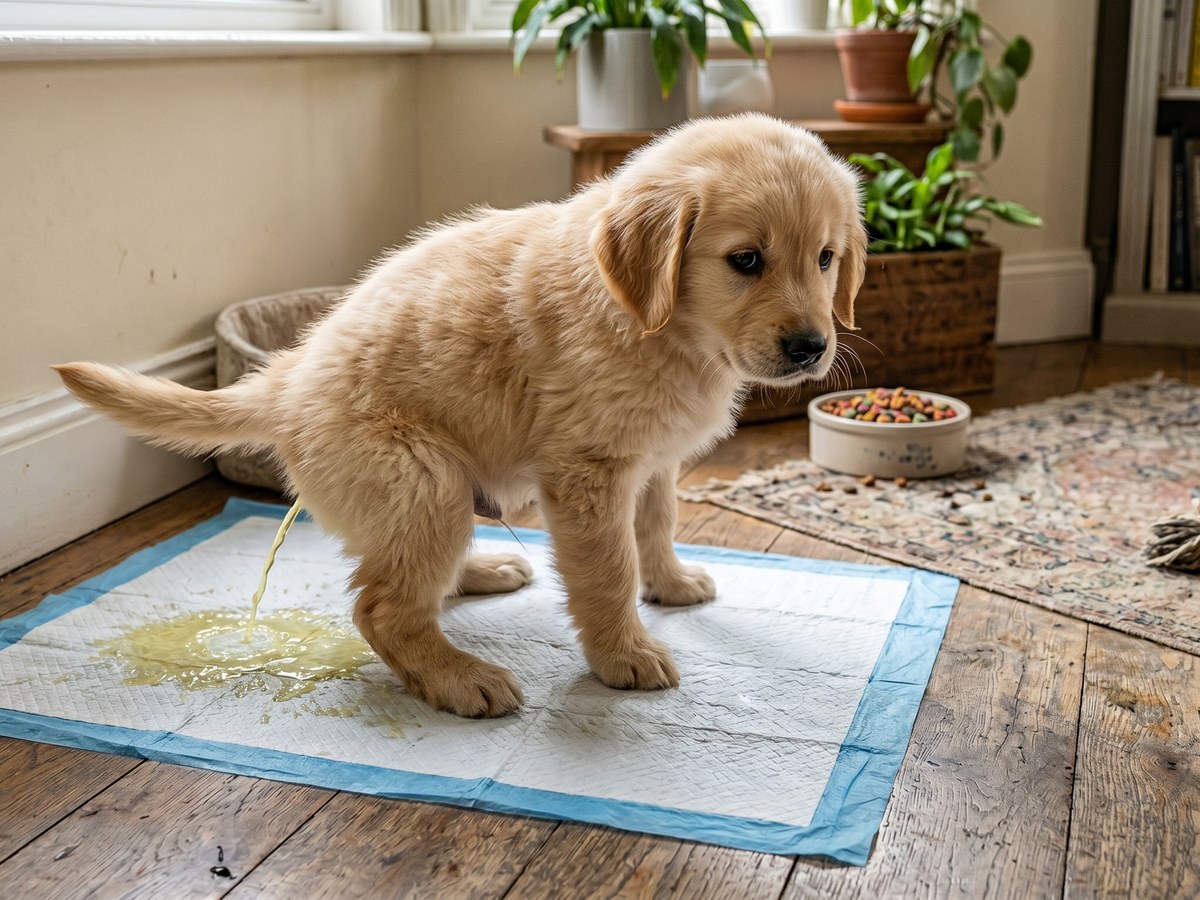 Cachorro fazendo xixi no tapete higiênico no lugar certo