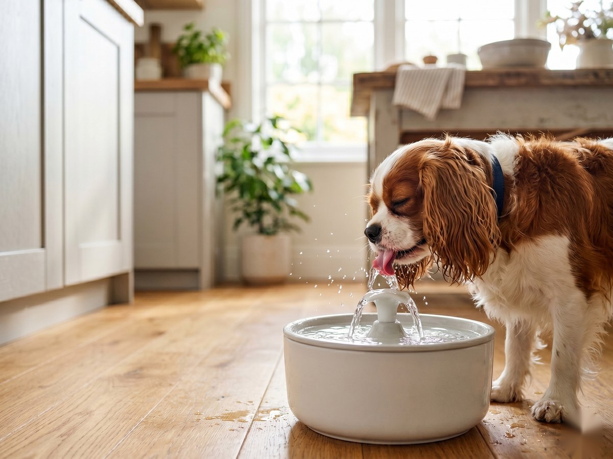 Cachorro bebendo água de um bebedouro automático em casa