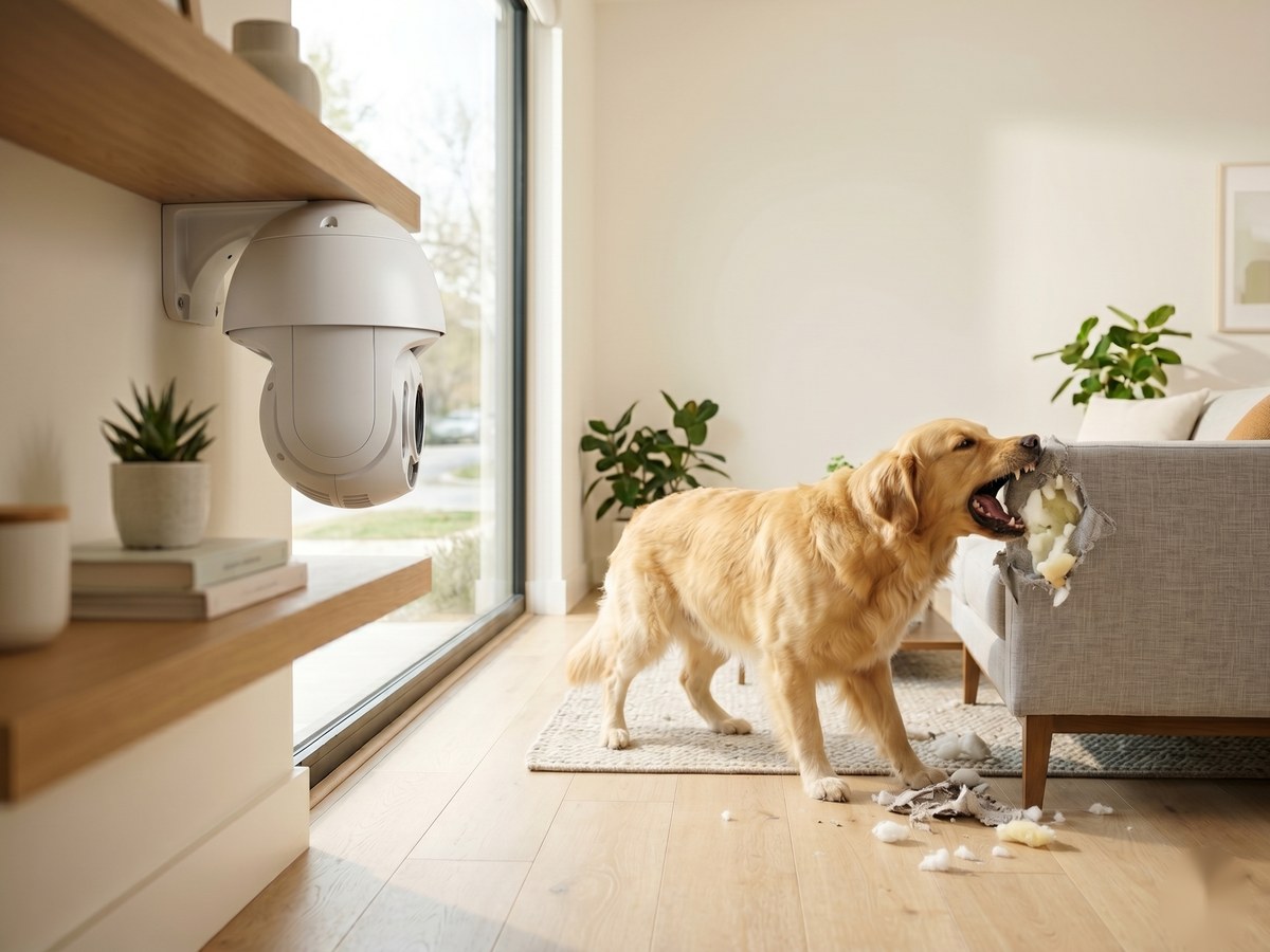 Cachorro sozinho em casa sendo monitorado por uma câmera pet