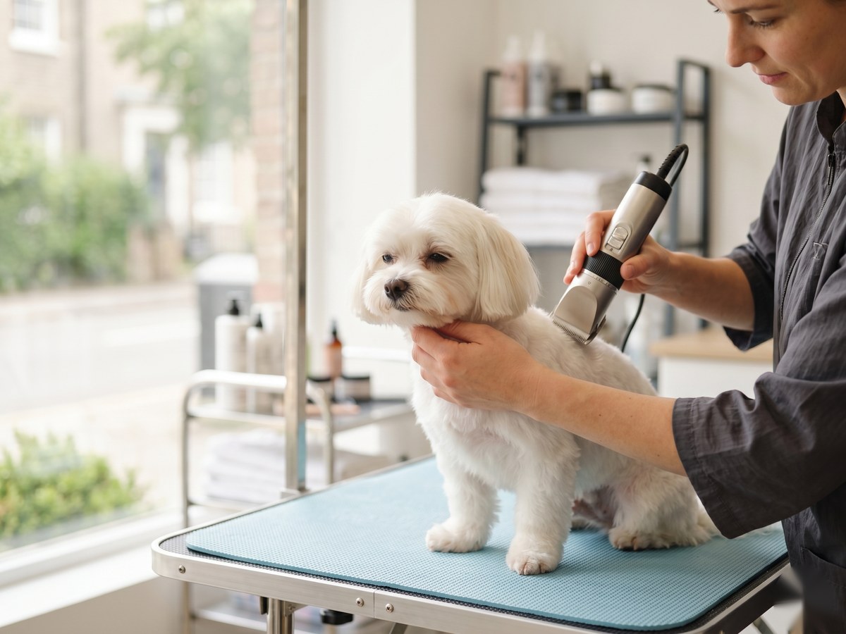 Cachorro sendo tosado com máquina por groomer em pet shop