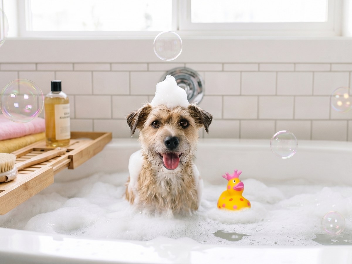 Cachorro tomando banho com espuma de shampoo na banheira