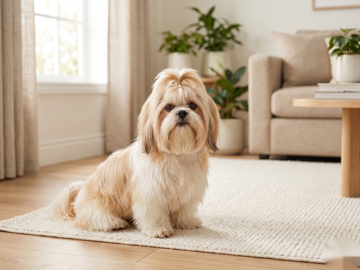 Cachorro da raça Shih Tzu com o pelo escovado e bem cuidado