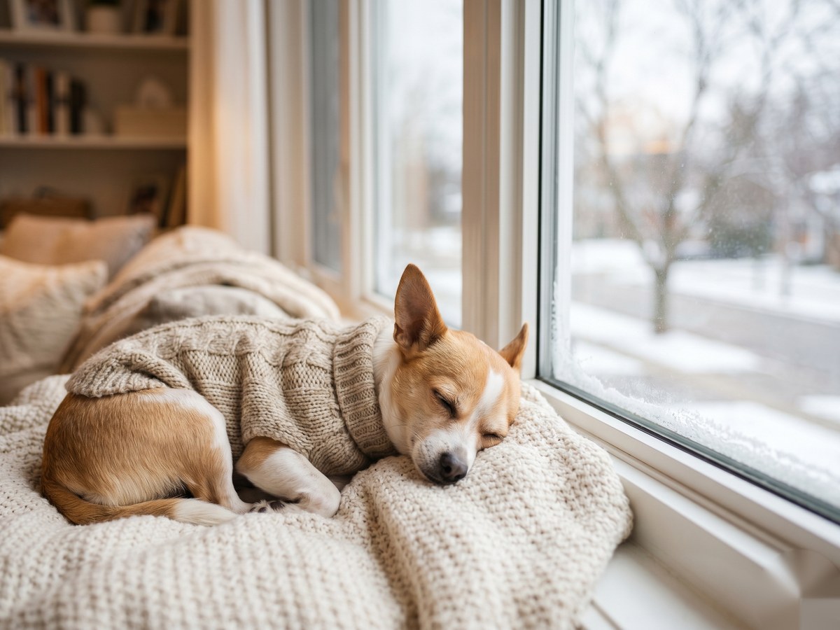 Cachorro de pelo curto usando um moletom de inverno em casa