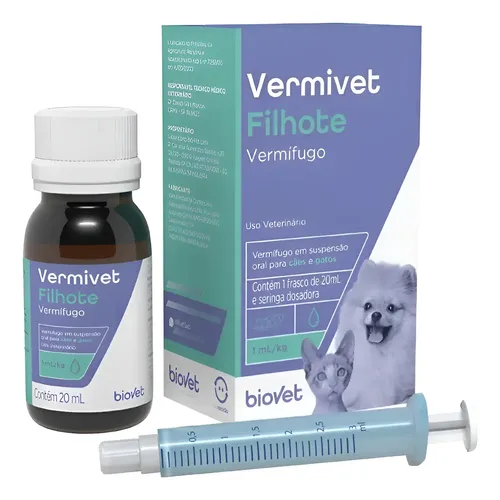 Frasco do vermífugo Vermivet Filhote Biovet 20ml com seringa dosadora